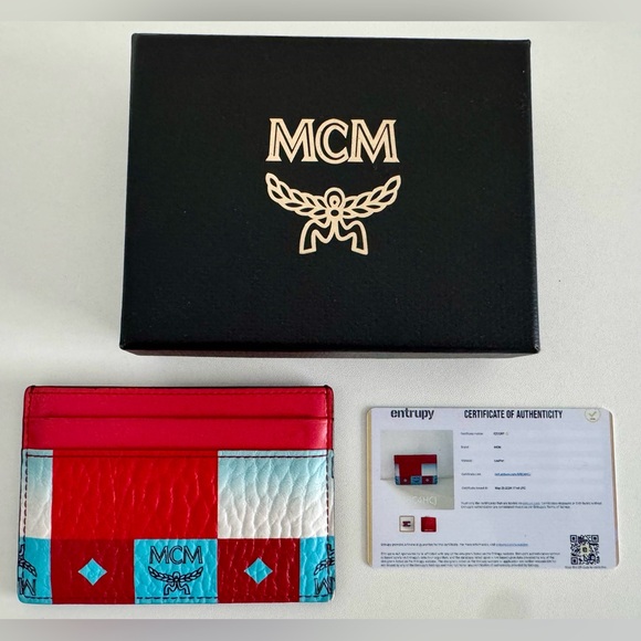MCM Vibrant Red and Blue Card Holder w/COA and Box